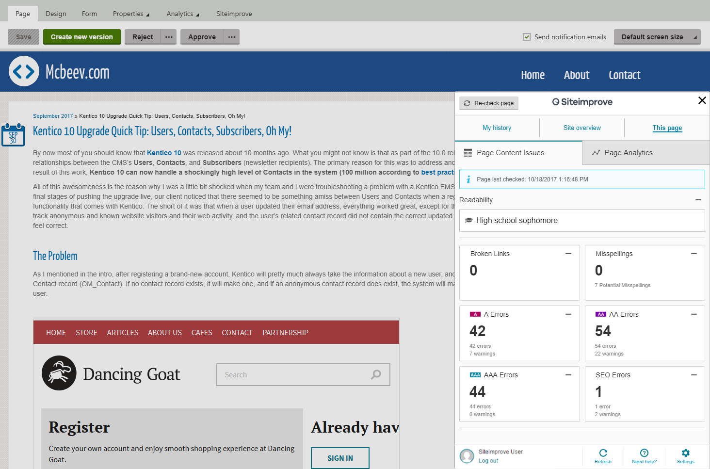 Siteimprove for Kentico dashboard within the Kentico Pages Application. Siteimprove for Kentico dashboard within the Kentico Pages Application.