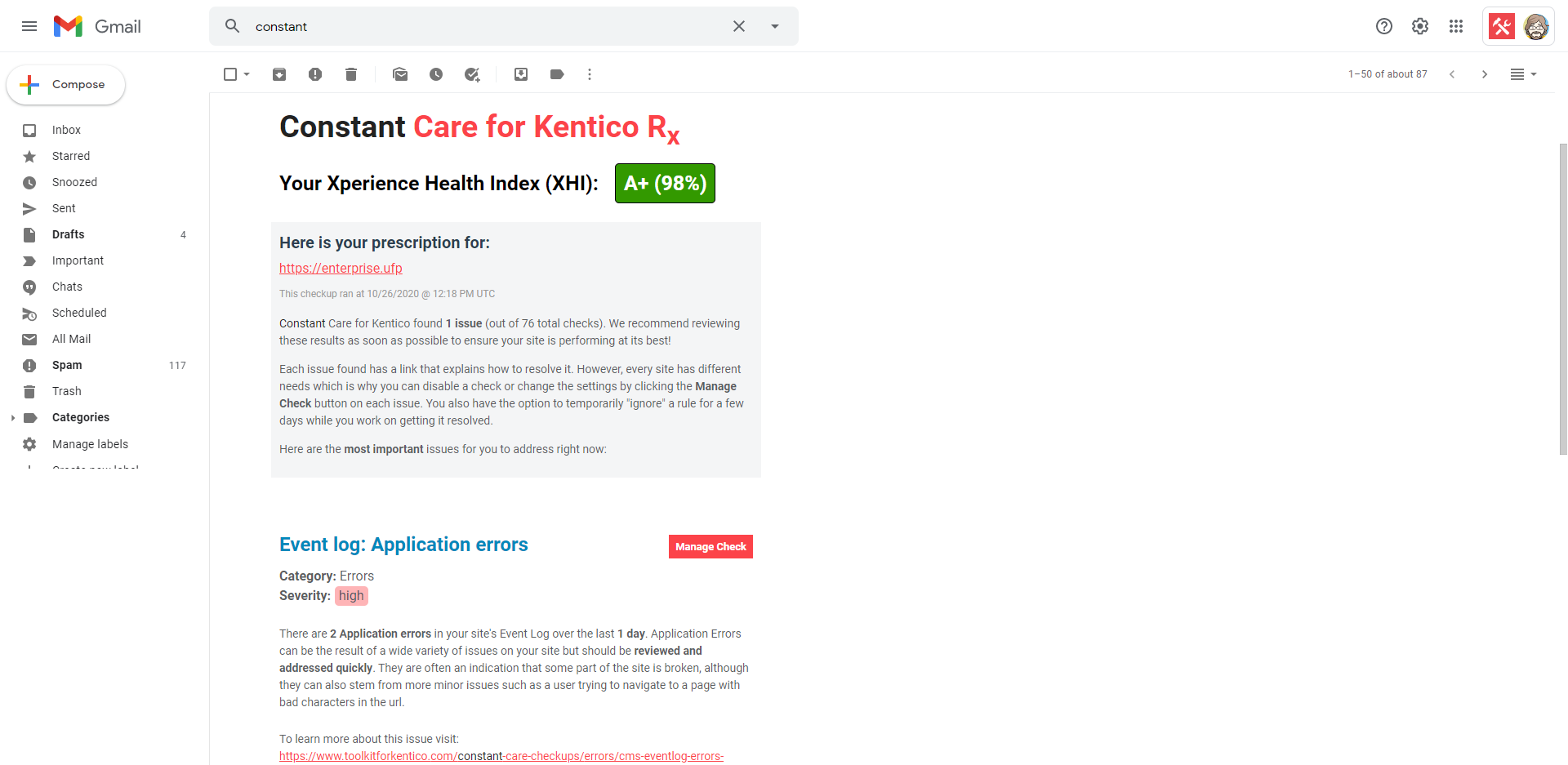 example of Constant Care for Kentico email report