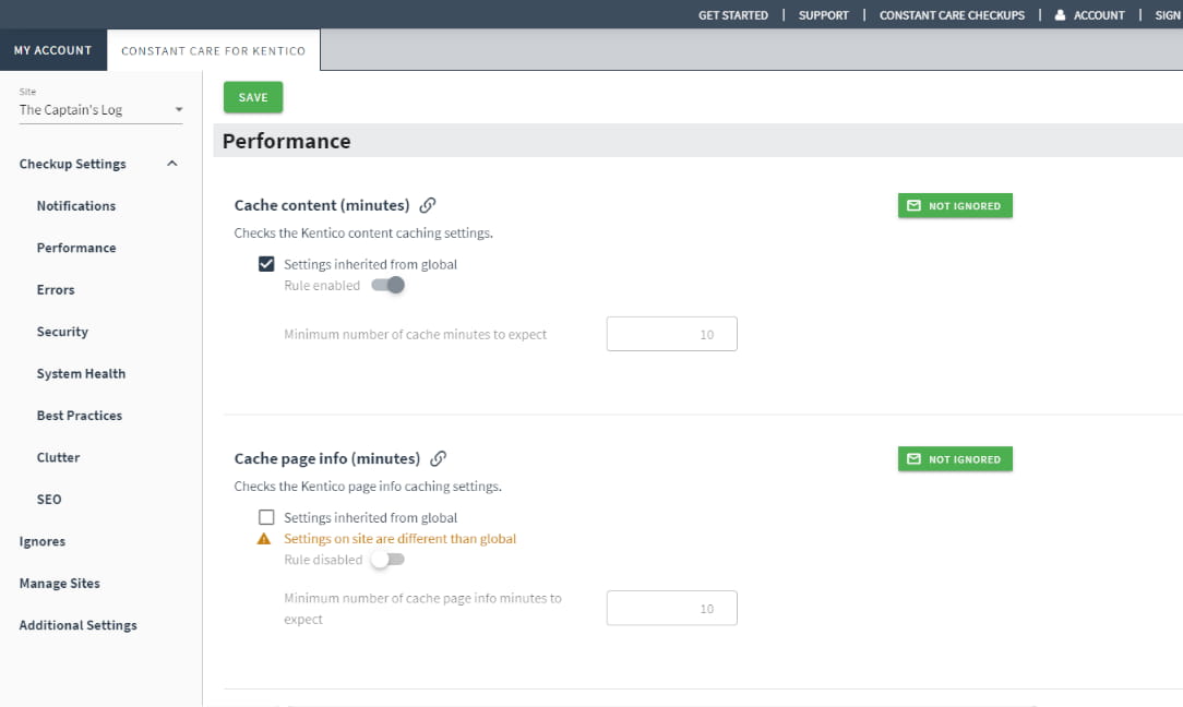 performance settings in constant care for kentico