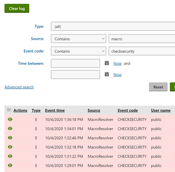 Event log application filter options