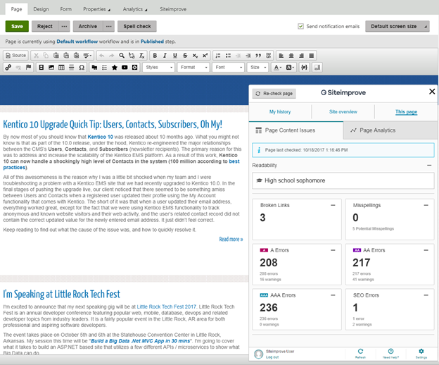 The Siteimprove CMS Plugin helps you identify your website's analytics data, quality assurance problems, accessibility issues, and more, directly within the Kentico CMS. Screenshot of plugin overlay on the Kentico CMS dashboard.